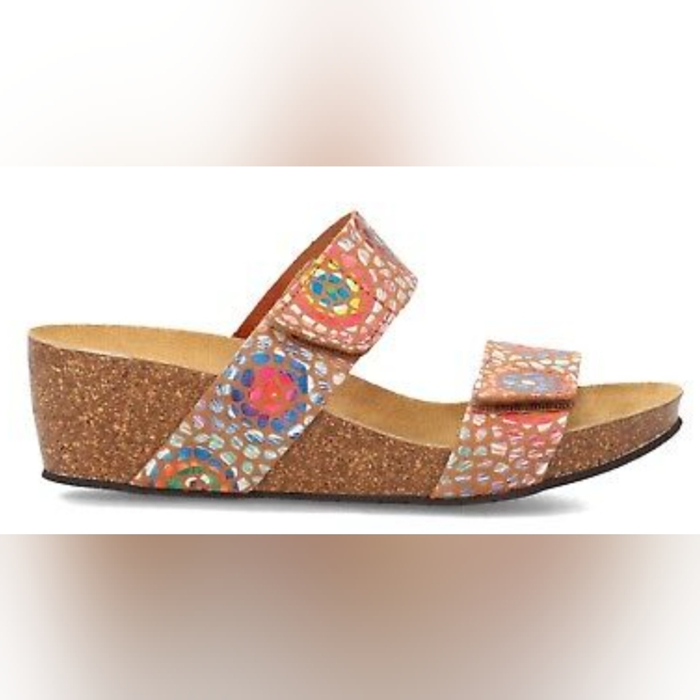 Eric Michael Liat Tan Mosaic Leather Wedge Dual Strap Slide Sandal Size 40/9 EUC